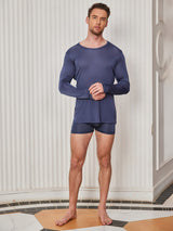 [Mørke blå] SilkSilky-NO Long Sleeve Round Neck T-skjorte for Menn 005