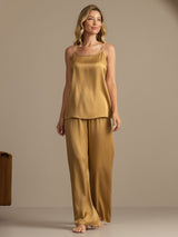 [Tan] SilkSilky-NO 19Momme Spaghetti Stropp Dyp Rund Halsutringning Camisole sett 007