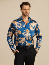 [Navy Drage] SilkSilky-NO Long Sleeve Lapel Collar Skjorte for Menn 001