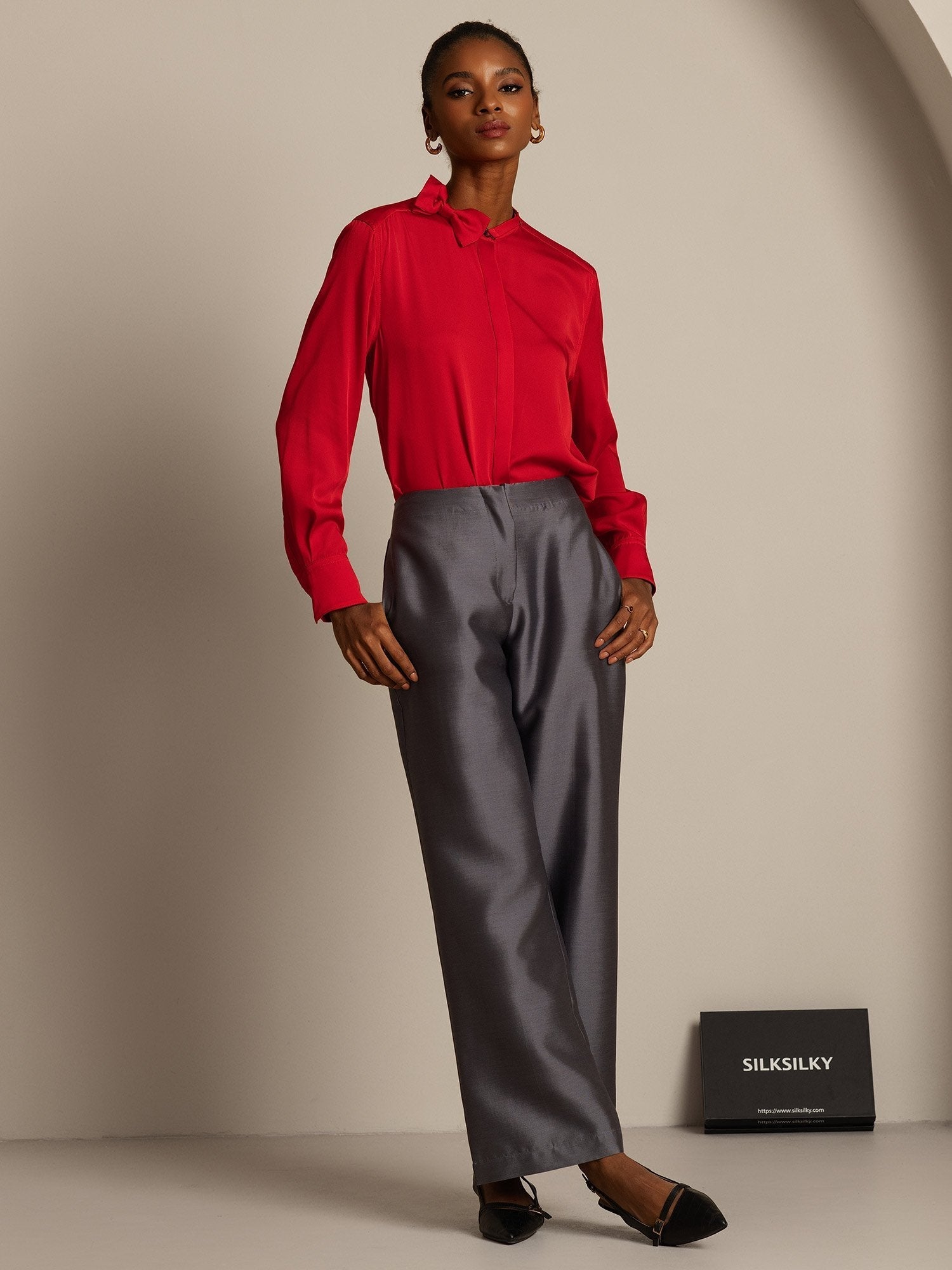 [Grå] SilkSilky-NO 32Momme Silk-Wool Blend Womens Pants 007,