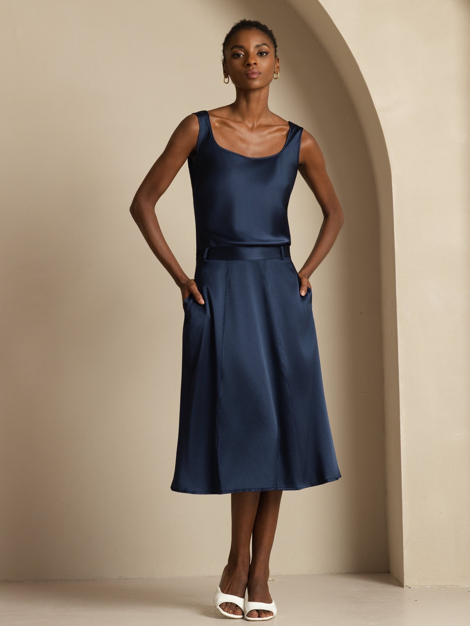 [Mørkeblå] SilkSilky-NO 19Momme Silke Skirt 001