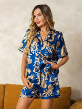[Navy Drage] SilkSilky-NO Short Sleeve Lapel Collar Pyjamas for Kvinner 001