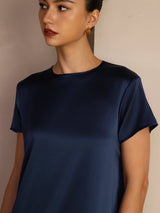 [Mørke blå] SilkSilky-NO Short Sleeve Round Neck Kjole 004