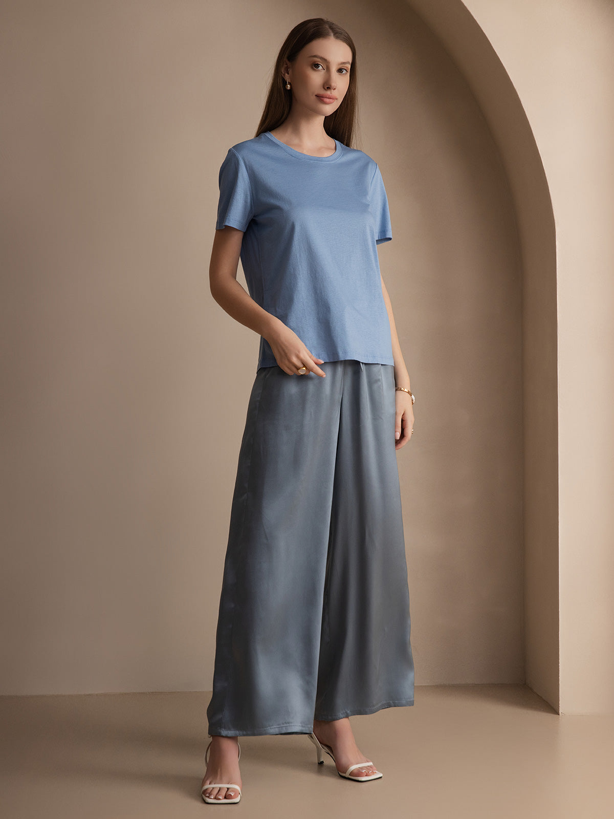 [Blå] SilkSilky-NO Silk Knitted Short Sleeve Round Neck T-skjorte for Kvinner 003