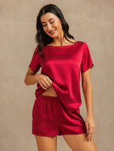 [Vin] SilkSilky-NO 19Momme Kort erm Rund Hals Pyjamas for Kvinner 008