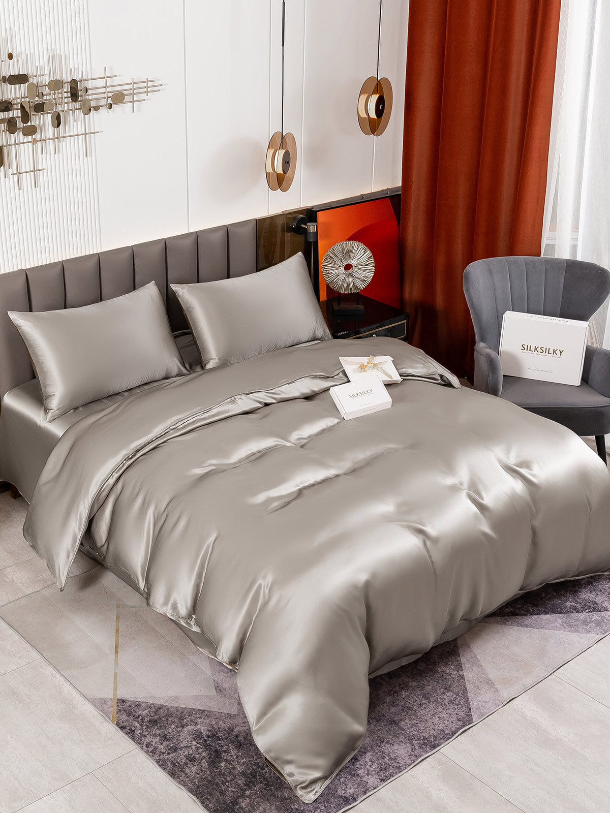 [Grå] SilkSilky-NO 19Momme Bedding Set 004