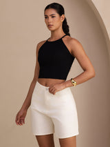 [Svart] SilkSilky-NO Sleeveless Crew Neck Camisole Topp 005