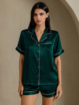 [Mørk Grønn] SilkSilky-NO Short Sleeve Lapel Collar Pyjamas for Kvinner 003