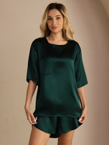 [Mørk Grønn] SilkSilky-NO Short Sleeve Round Neck Pyjamas for Kvinner 001