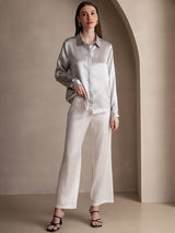 [Lysegrå] SilkSilky-NO Long Sleeve Lapel Collar Skjorte for Kvinner 006