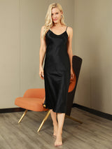 [Svart] SilkSilky-NO Spaghetti Strap V Neck Nattkjole 006