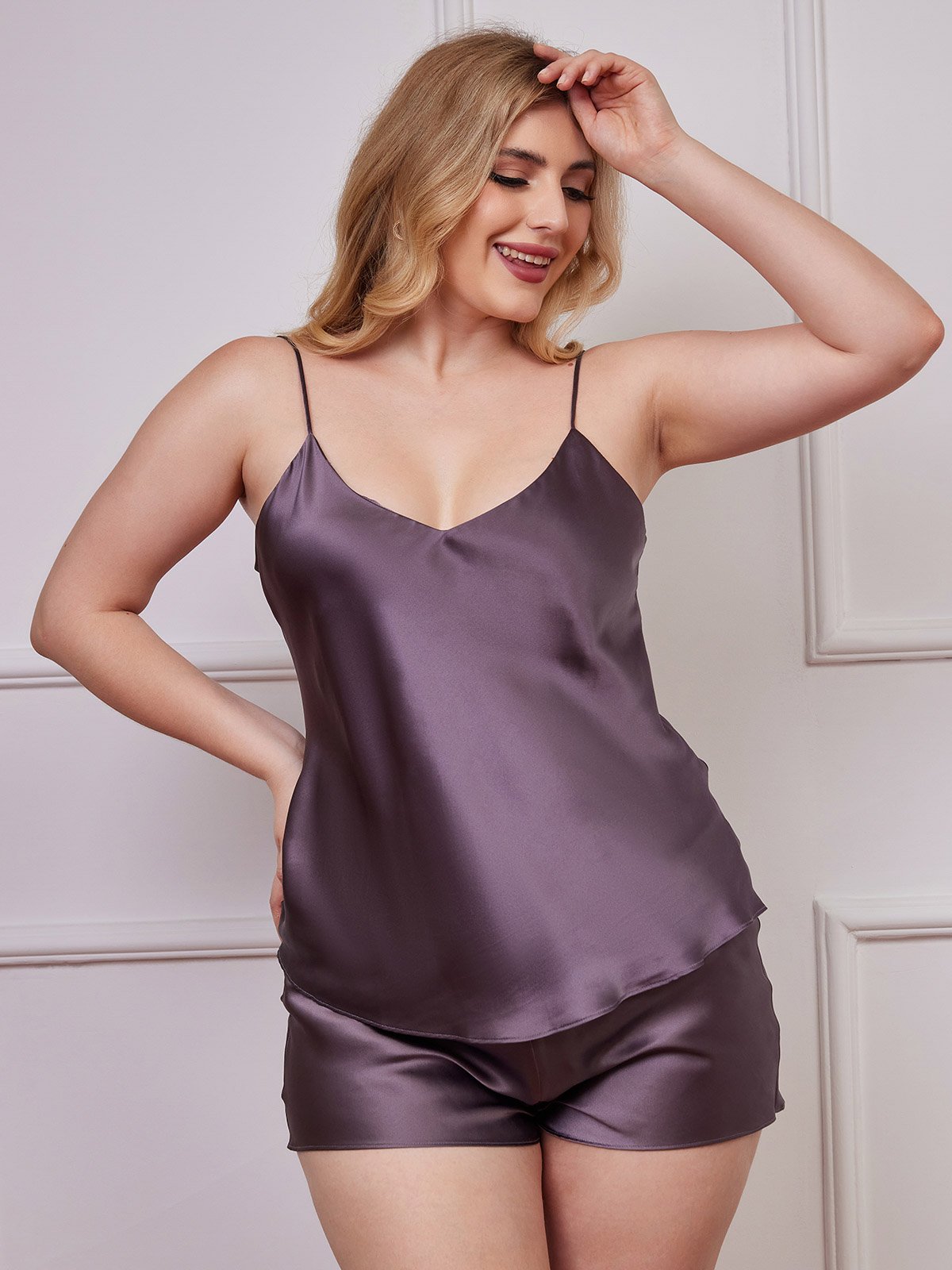 [Lilla Grå] SilkSilky-NO Pure Silk V-Hals Plus Size Camisole Set 003