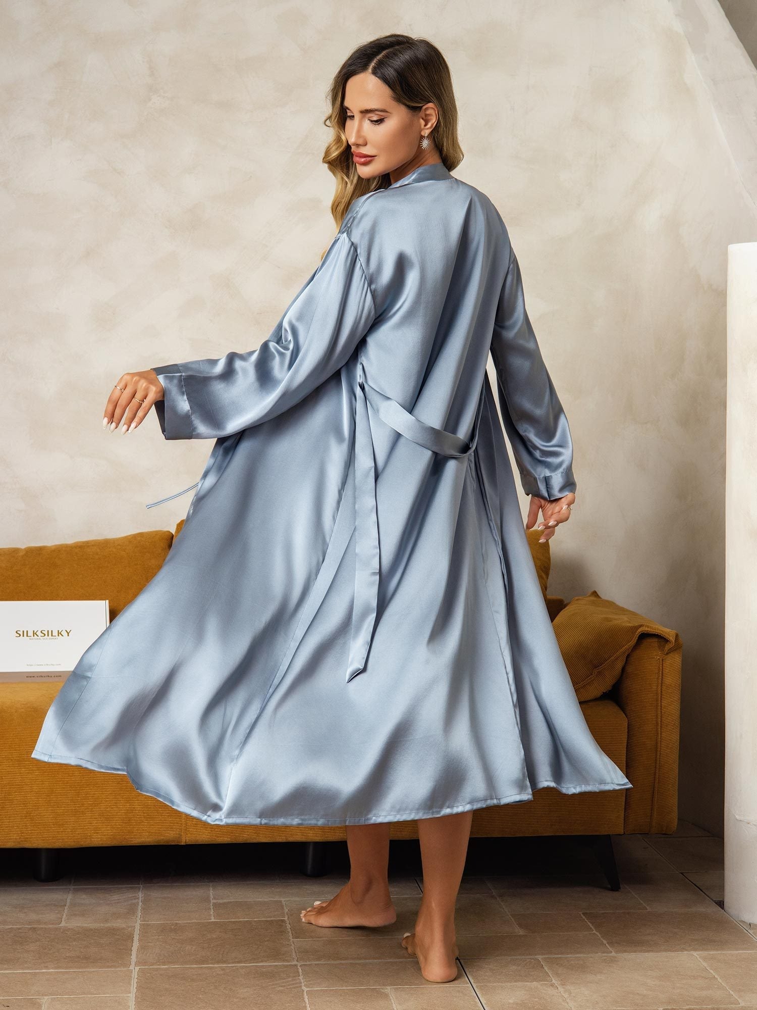 [Gråblå] SilkSilky-NO Silke Nightgown&Robe Set 003