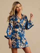 [Navy Drage] SilkSilky-NO 3/4 Sleeve Morgenkåpe for Kvinner 007