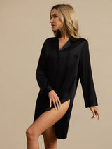 [Svart] SilkSilky-NO Long Sleeve Lapel Collar Soveskjorte 003