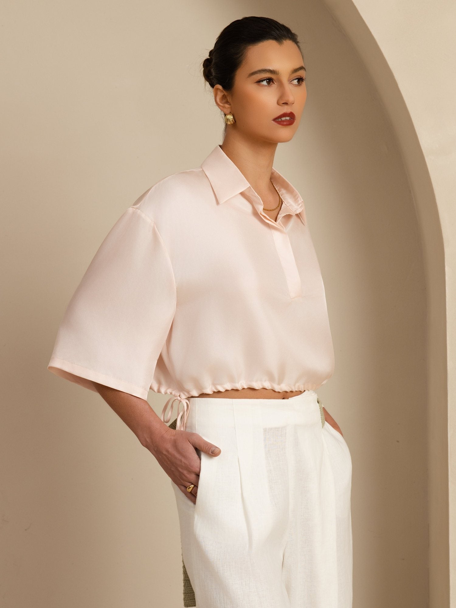 [Rosa] SilkSilky-NO 18Momme Halv erme Slagkrage Bluse 004