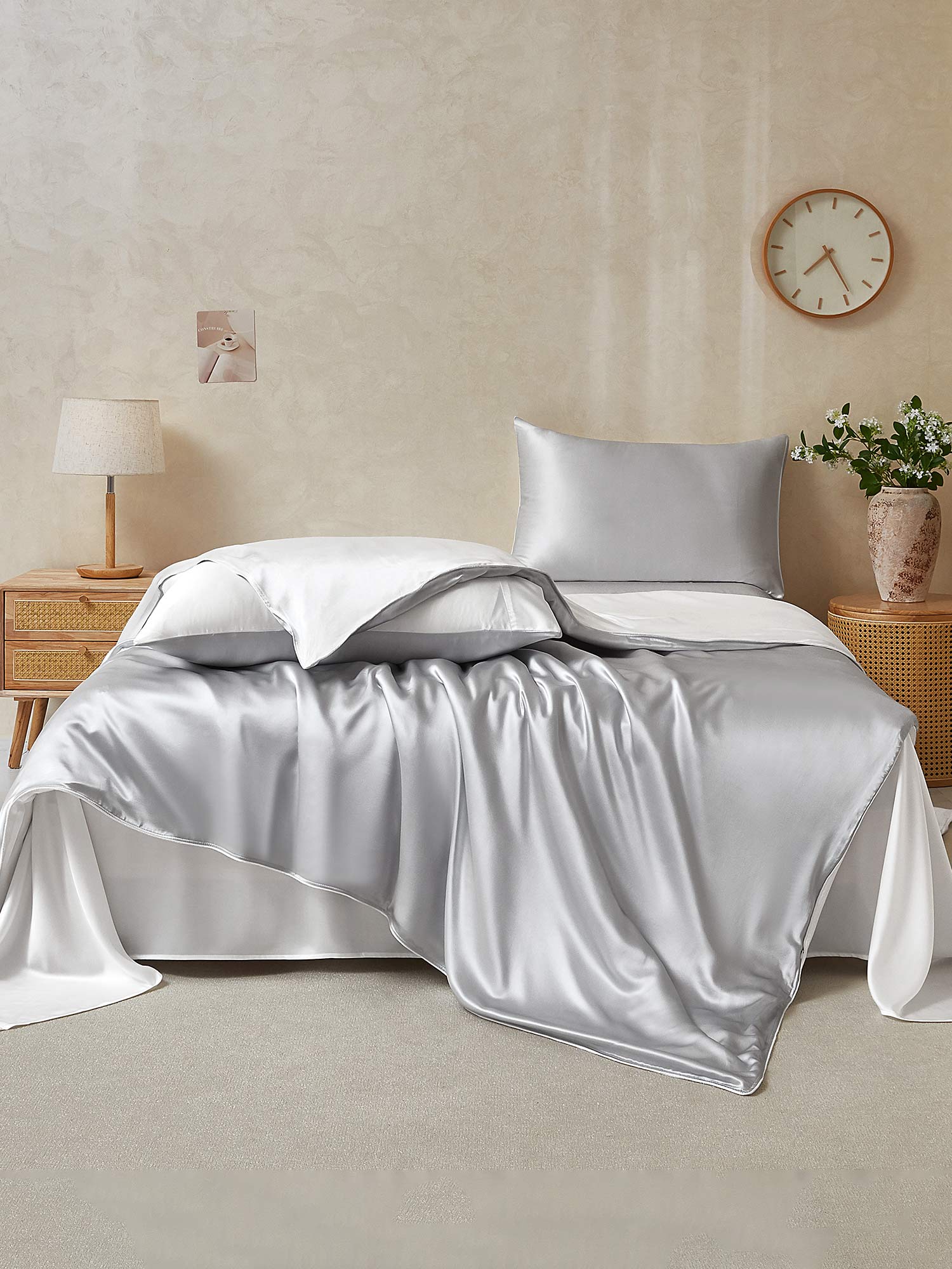 [Lysegrå+Hvit] SilkSilky-NO 19Momme Bedding Set 002,
