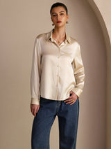 [Risbeige] SilkSilky-NO Long Sleeve Lapel Collar Skjorte for Kvinner 004