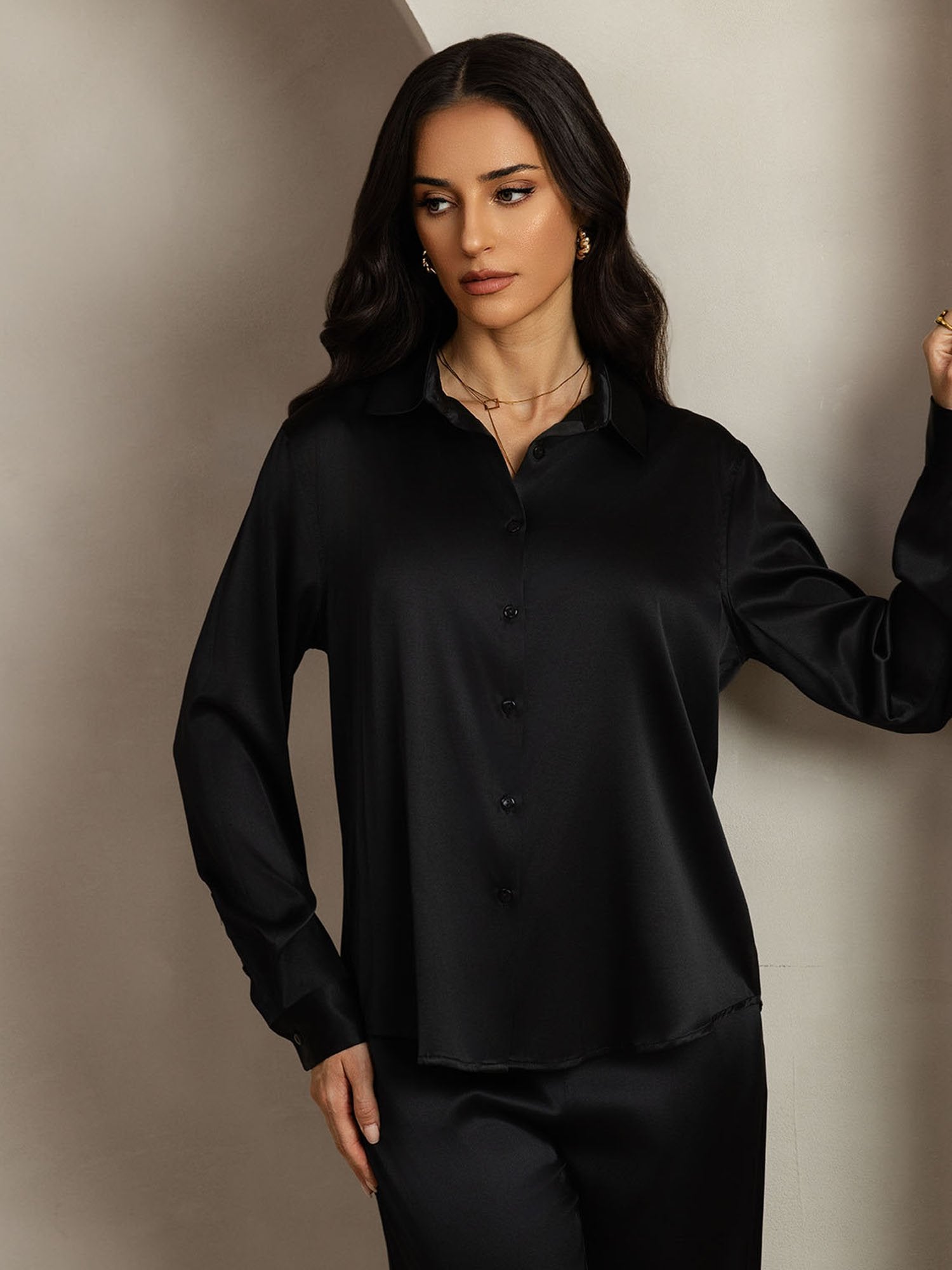 [Svart] SilkSilky-NO 19Momme Silke Lapel Collar Women''s Outfit Sets 005
