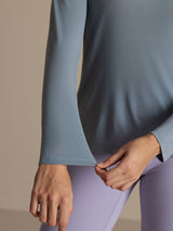 [Gråblå] SilkSilky-NO 100% High-Twist Silk Jersey Long Sleeve Crew Neck T-skjorte for Kvinner 008