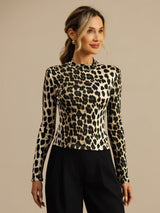 [Leopard] SilkSilky-NO Langermet Falsk Krage T-skjorte for Kvinner 001