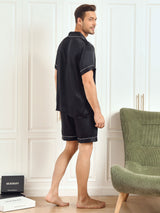 [Svart] SilkSilky-NO Short Sleeve Lapel Collar Pyjamas for menn 002