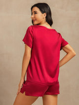 [Vin] SilkSilky-NO 19Momme Kort erm Rund Hals Pyjamas for Kvinner 002