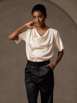 [Beige] SilkSilky-NO Short Sleeve Cowl Neck Damebluser 004
