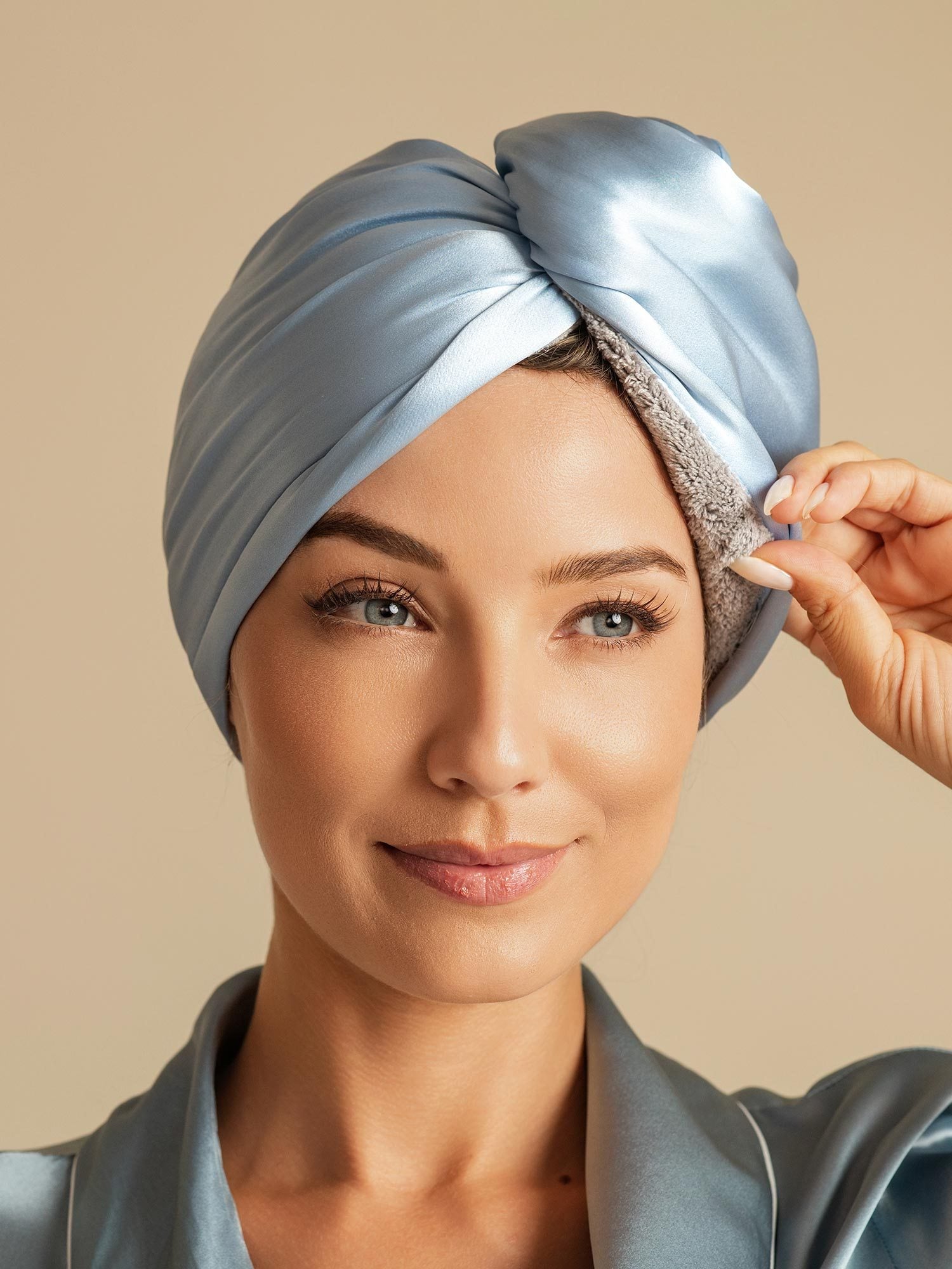 [Himmelblå] SilkSilky-NO Silke Hair Towel Wrap 006,