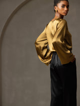[Brun] SilkSilky-NO Long Sleeve Boat Neck Bluse 006