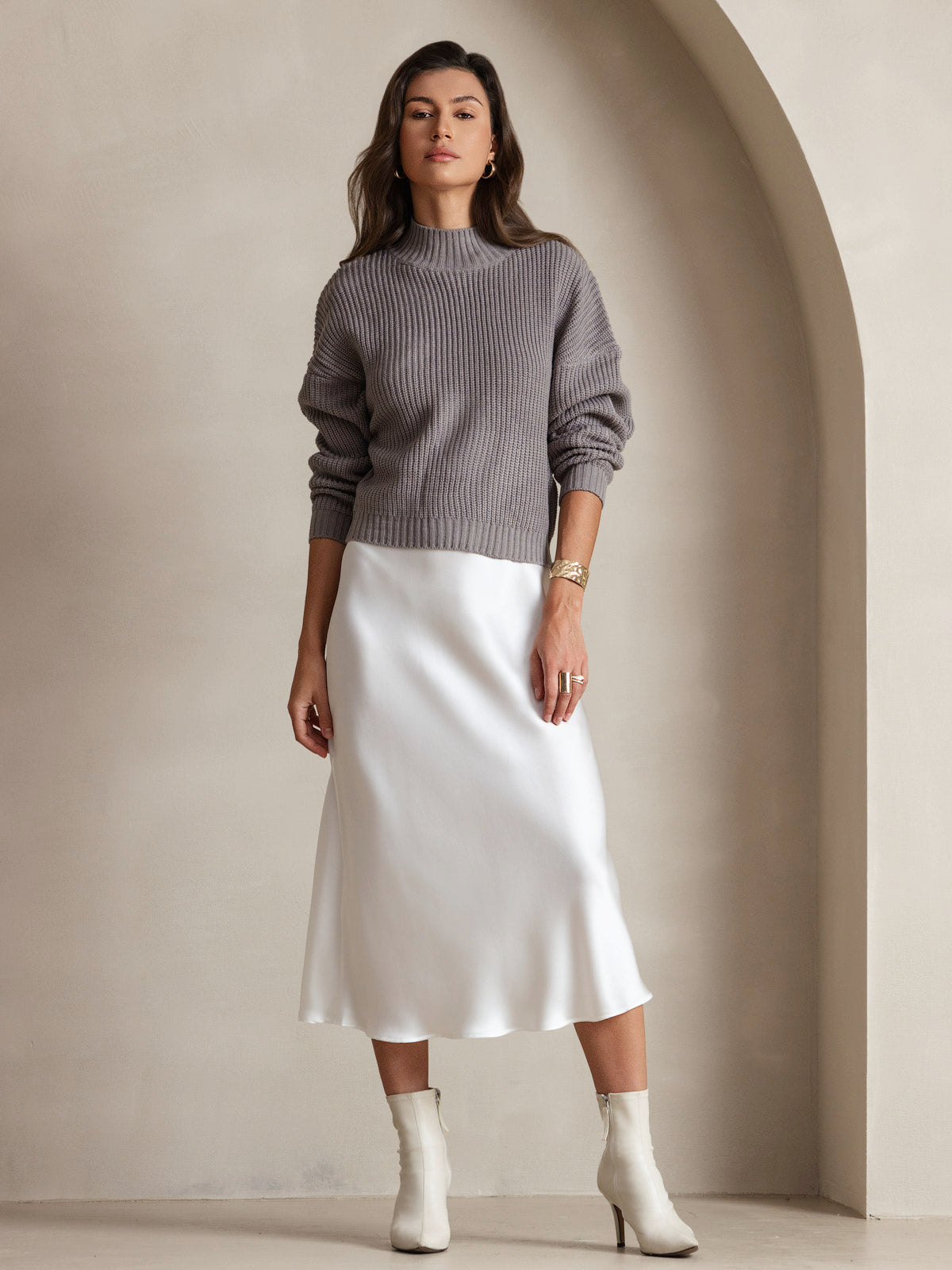 [Hvit] SilkSilky-NO Spaghetti Stropp V Hals Kjole 007