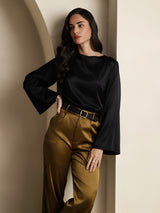 [Svart] SilkSilky-NO Long Sleeve Boat Neck Bluse 006