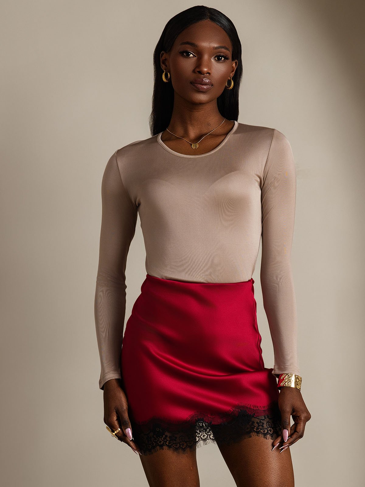 [Kaffe] SilkSilky-NO Silke Long Sleeve Round Neck T-skjorte for Kvinner 001