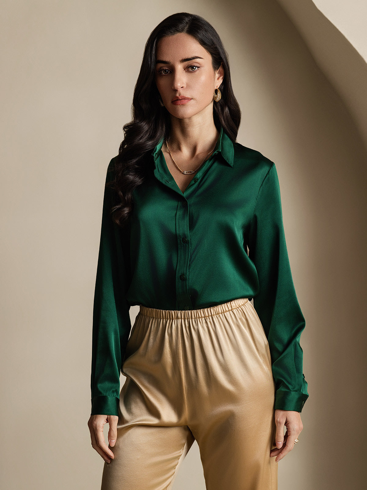 SilkSilky-NO 19Momme Silke Womens Shirt MørkGrønn 006