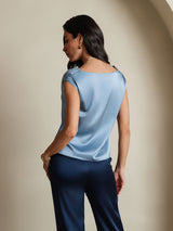 [Gråblå] SilkSilky-NO Cap Sleeve Cowl Neck T-skjorte for Kvinner 002