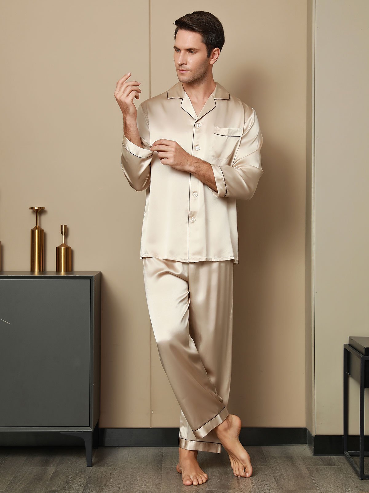 SilkSilky  Pure Silk Long Sleeve Lapel Men's Pajamas Tan 006