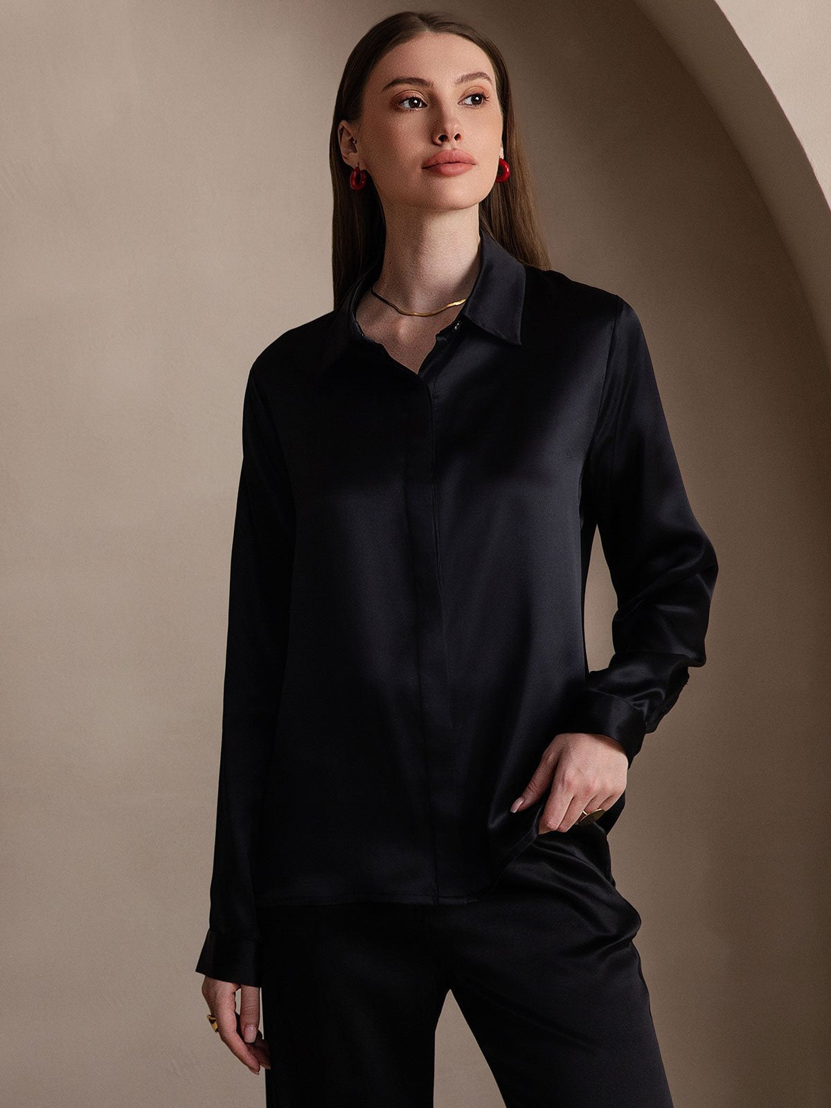 [Svart] SilkSilky-NO 19Momme Silke Lapel Collar Skjorte for Kvinner 003