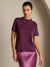 [Lilla] SilkSilky-NO 100% Silk Jersey Short Sleeve Falsk Krage T-skjorte for Kvinner 005