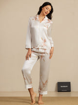[Hvit] SilkSilky-NO 19Momme Langermet Notchkrage Pyjamas for Kvinner 006