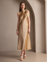 [Champagne] SilkSilky-NO Sleeveless Halterneck Kjole 005