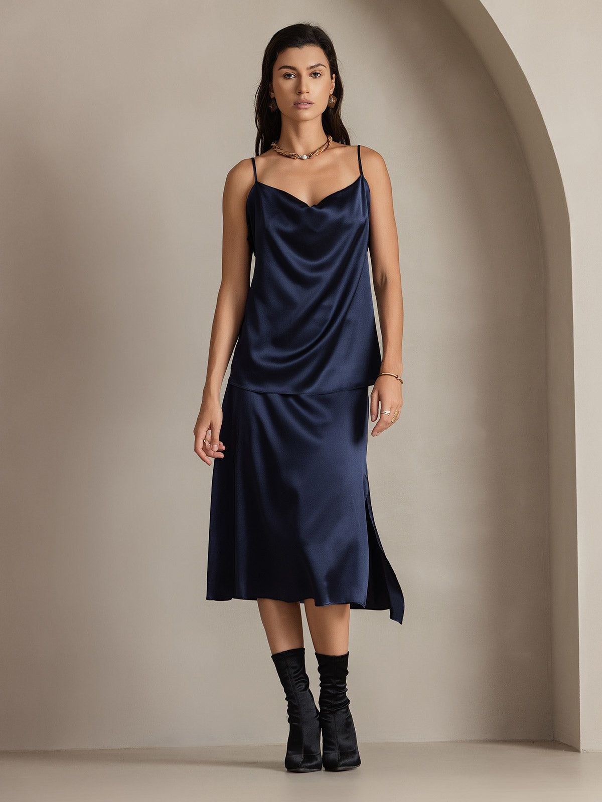 [Mørke blå] SilkSilky-NO 19Momme Silke Skirt 004