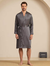 [Svart Ginkgo] SilkSilky-NO Long Sleeve V Neck Morgenkåpe for Menn 007