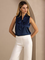 [Mørke blå] SilkSilky-NO Sleeveless Tie Neck Camisole Topp 004