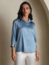 [Gråblå] SilkSilky-NO 3/4 Sleeve Lapel Collar Skjorte for Kvinner 004