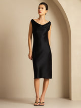 [Svart] SilkSilky-NO Sleeveless Cowl Neck Kjole 005