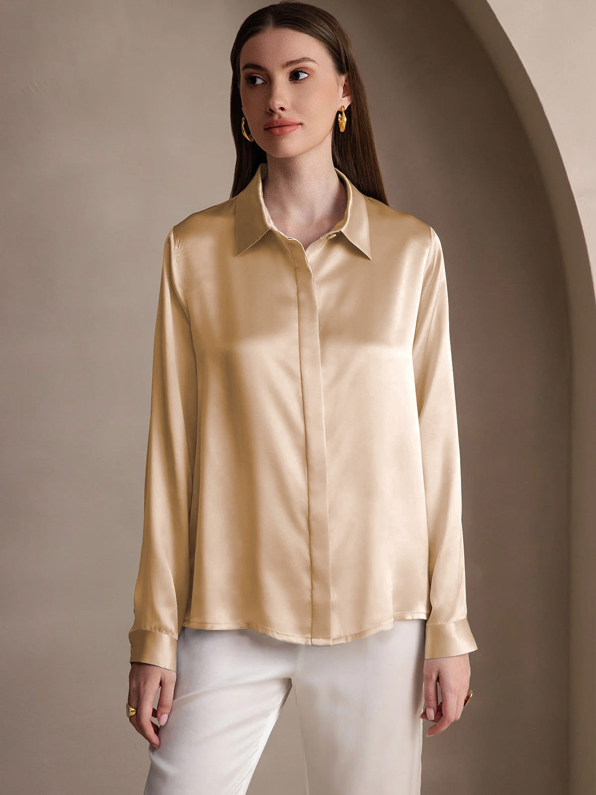 [Champagne] SilkSilky-NO 19Momme Silke Lapel Collar Skjorte for Kvinner 004