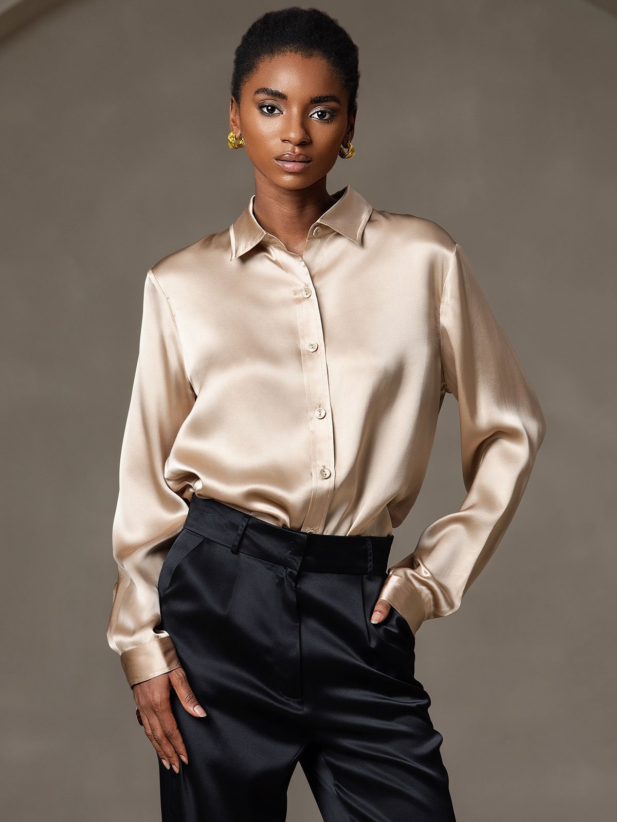 SilkSilky-NO 19Momme Silke Womens Shirt Champagne 006