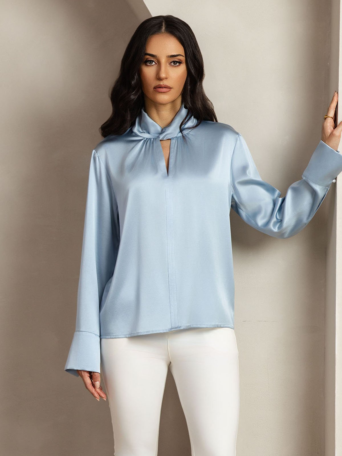 [Gråblå] SilkSilky-NO 19Momme Silke Womens Shirt 009