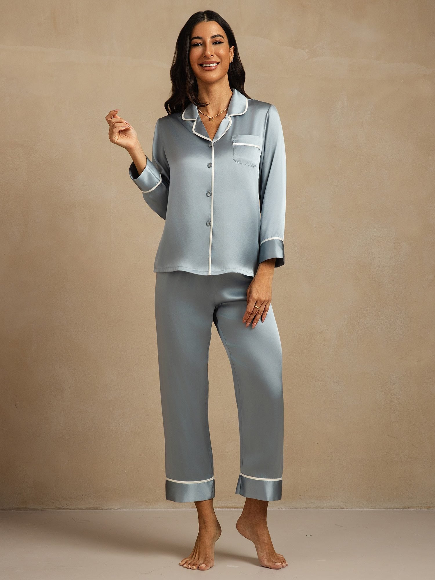 [Gråblå] SilkSilky-NO Silke Womens Pajamas 007