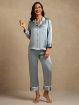 [Gråblå] SilkSilky-NO Long Sleeve Lapel Collar Pyjamas for Kvinner 007